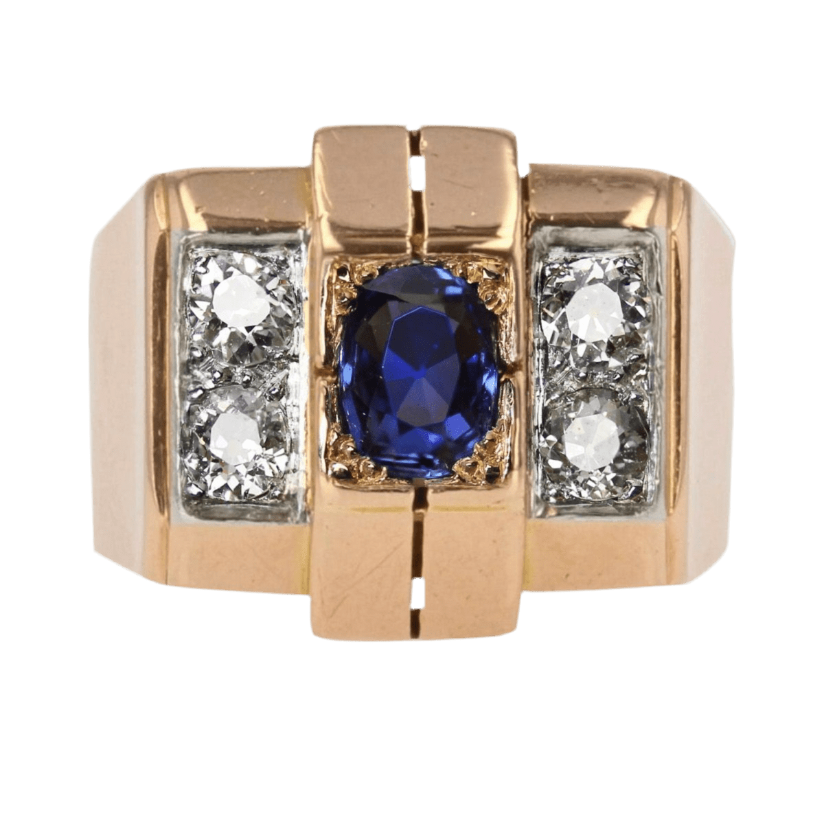 Bague Tank en or rose, platine, saphir et diamants - Castafiore