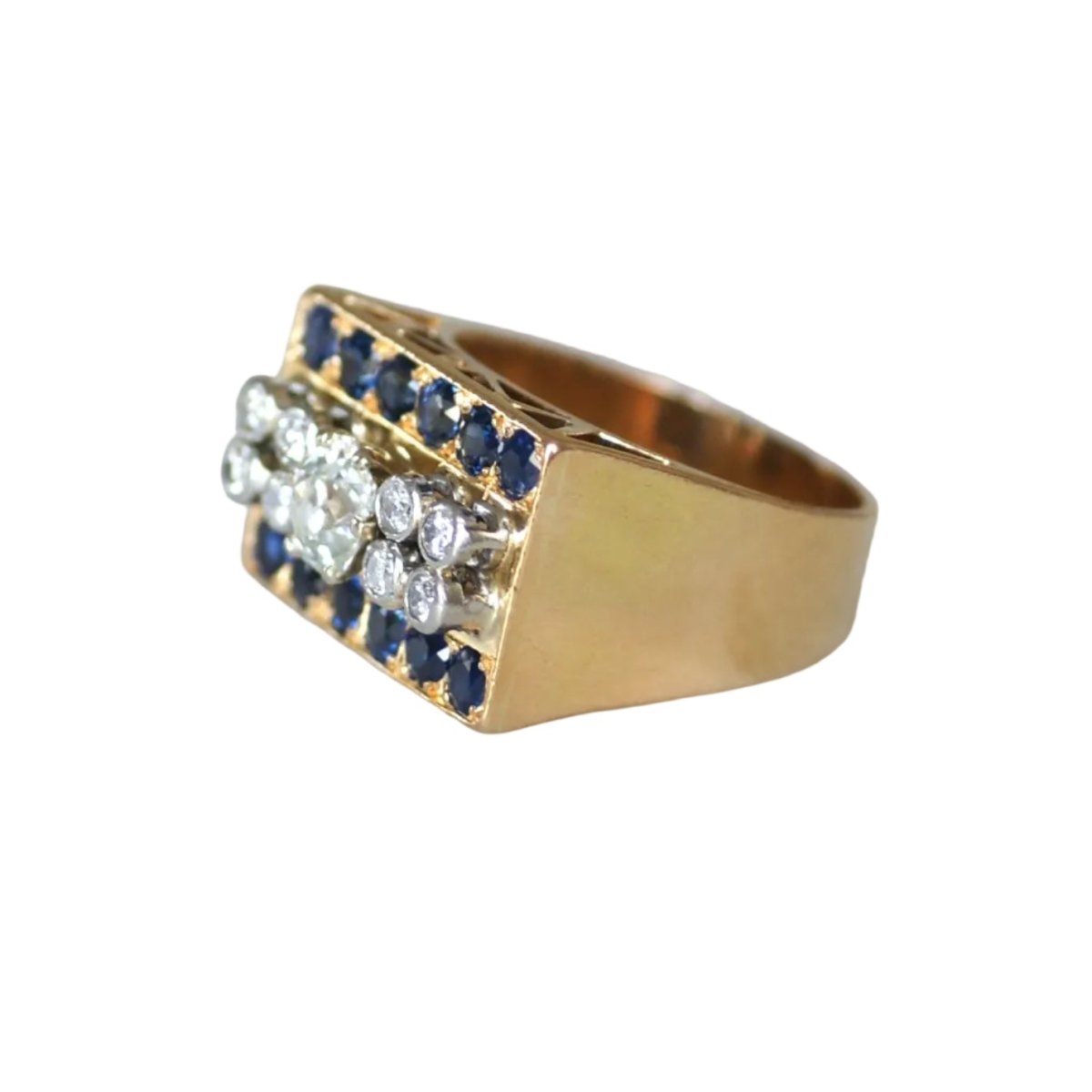 Bague Tank en or rose, platine, saphirs et diamants - Castafiore