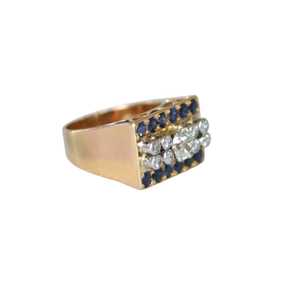 Bague Tank en or rose, platine, saphirs et diamants - Castafiore