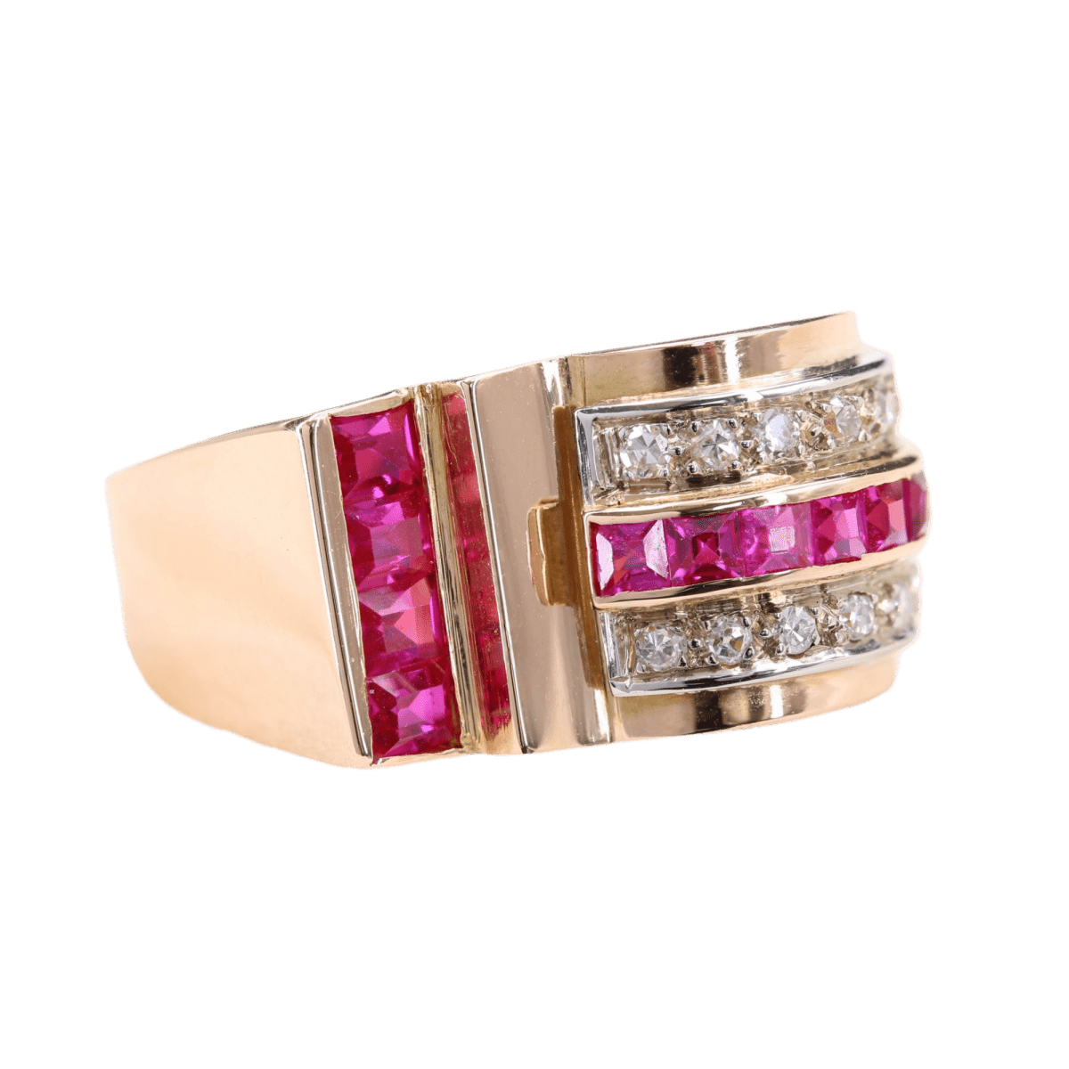 Bague Tank en or rose, rubis et diamants - Castafiore