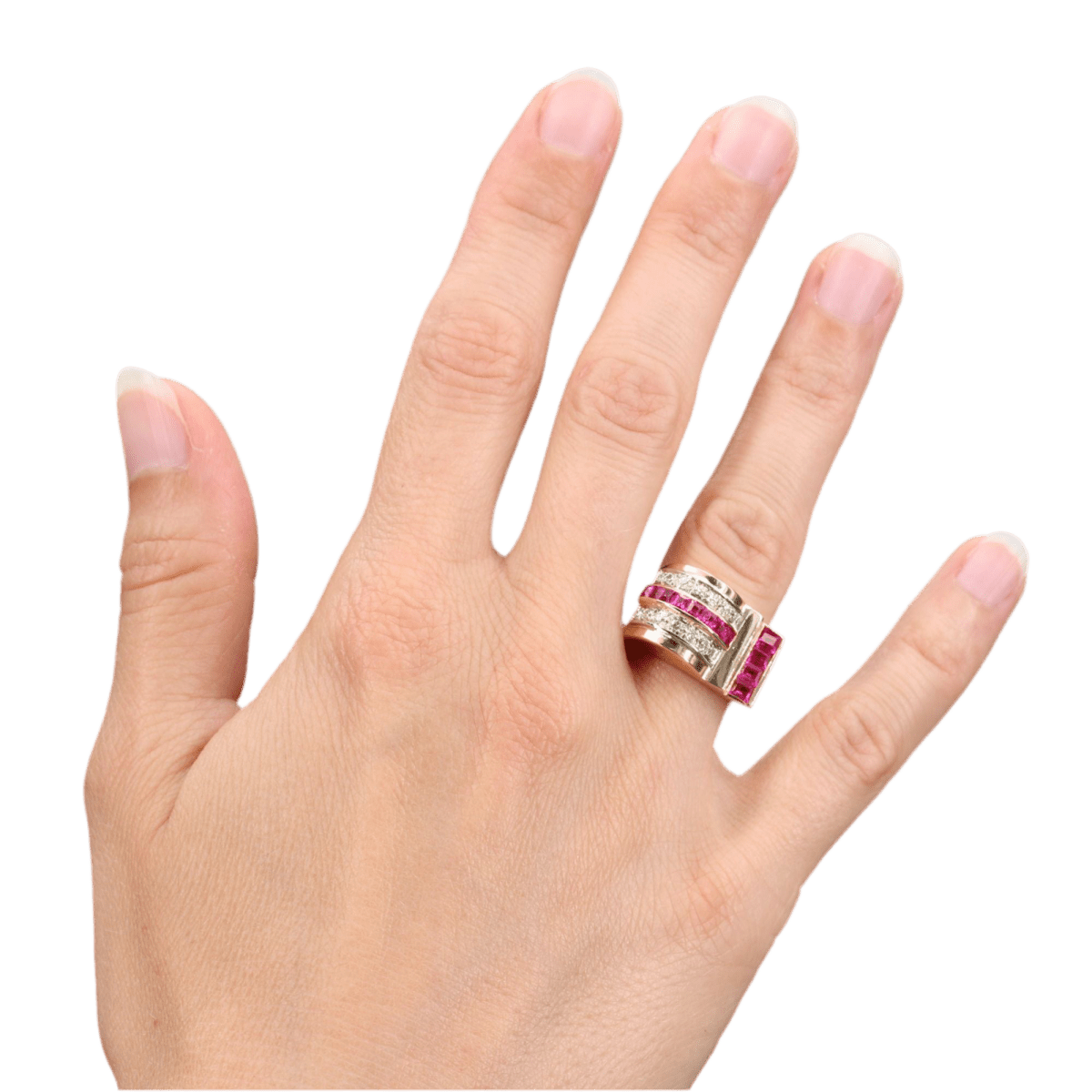 Bague Tank en or rose, rubis et diamants - Castafiore