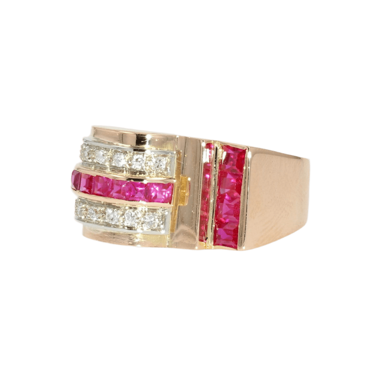 Bague Tank en or rose, rubis et diamants - Castafiore
