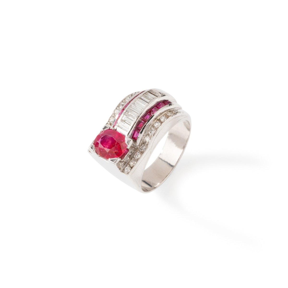 Bague Tank en platine, rubis et diamants - Castafiore