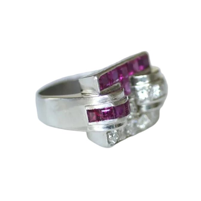 Bague Tank en platine, rubis et diamants - Castafiore