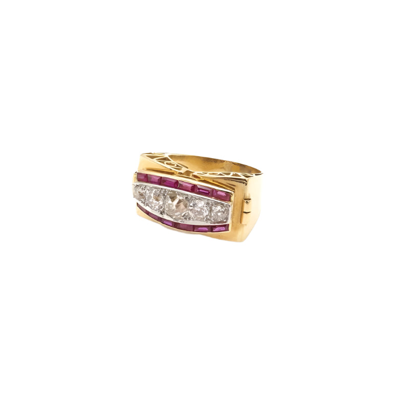 Bague tank époque 40 diamants et rubis - Castafiore