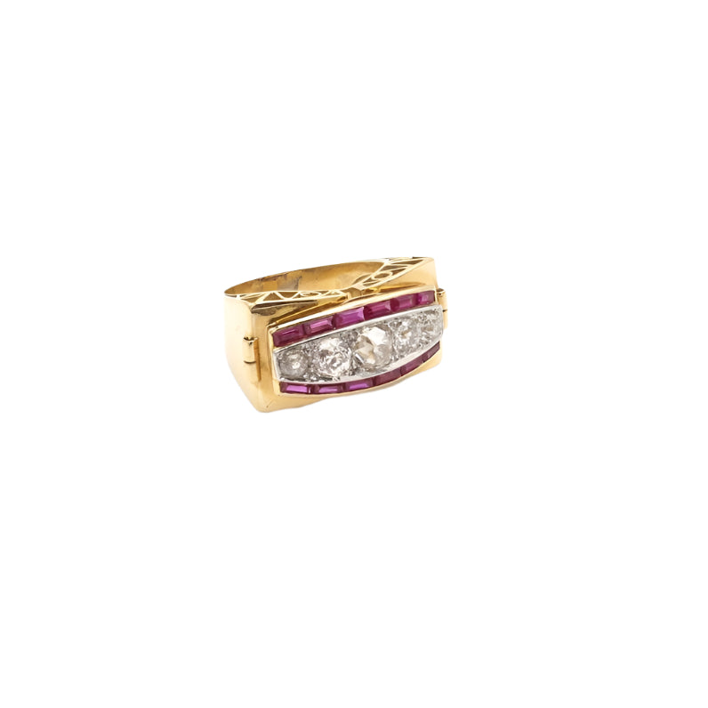 Bague tank époque 40 diamants et rubis - Castafiore