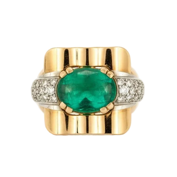 Bague Tank MELLERIO en or jaune, émeraude et Diamants - Castafiore