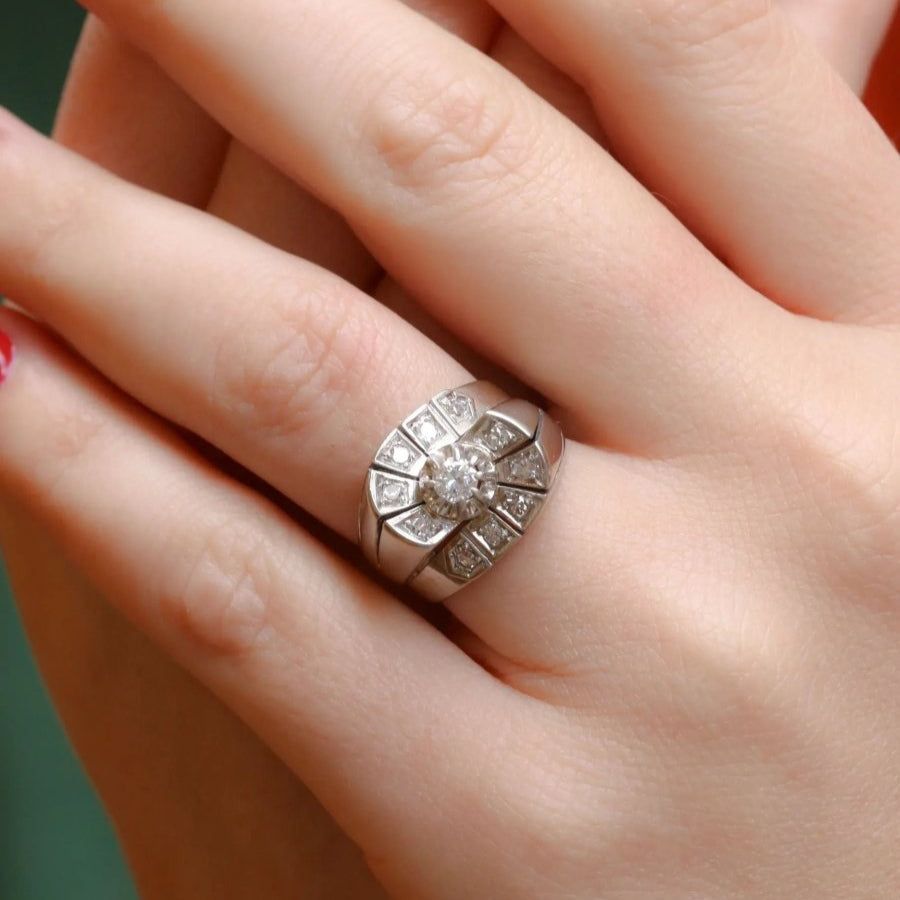 Bague tank or blanc diamants taille ancienne - Castafiore