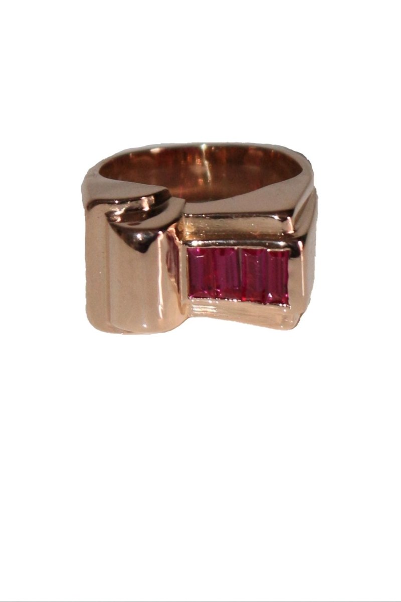 Bague Tank Or Jaune Et Pierres Rouges - Castafiore