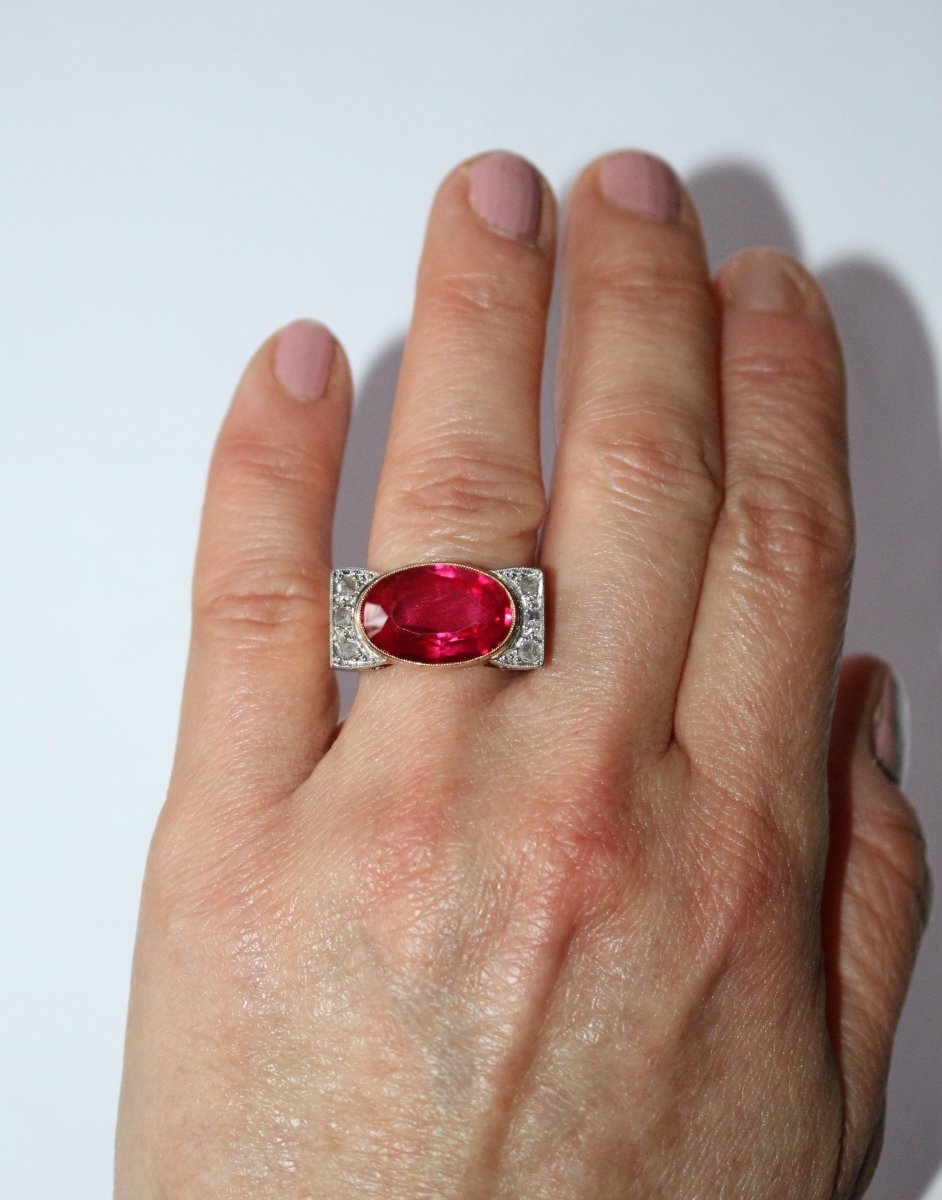 Bague Tank Or Jaune Et Platine, Saphir rose Verneuil Et Diamants - Castafiore