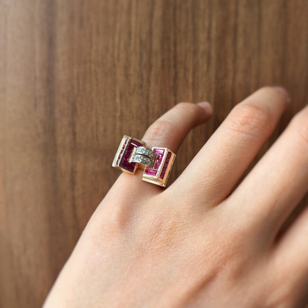 Bague TANK - Or, Platine, Diamants et Rubis - Castafiore