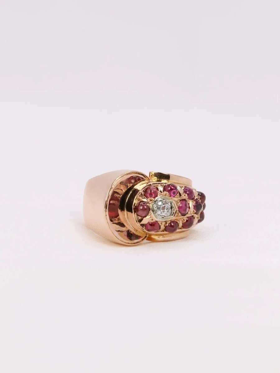 Bague tank or rose diamant grenats - Castafiore