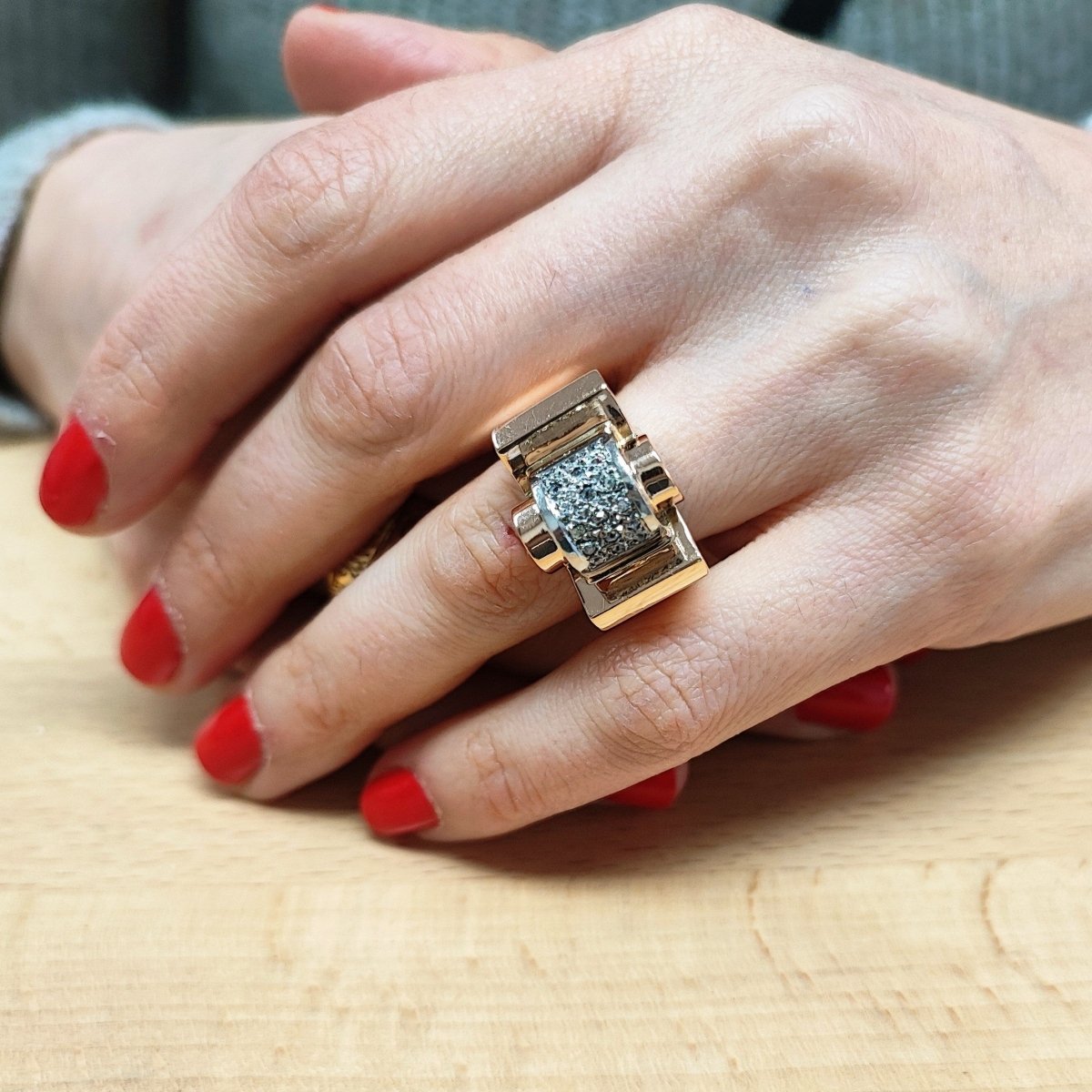 Bague Tank or rose, platine et diamants - Castafiore