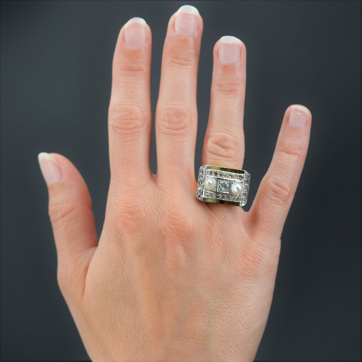 Bague tank perles fines et diamants - Castafiore