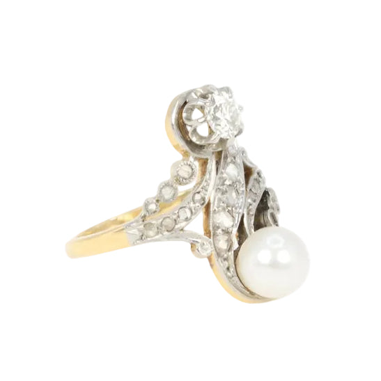 Bague toi et moi Belle - Epoque en or blanc, diamants et perle - Castafiore