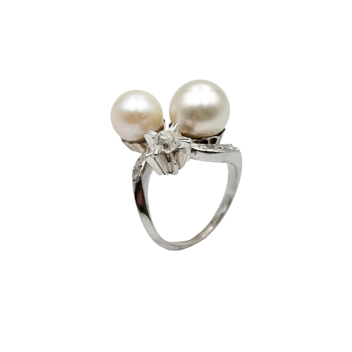 Bague Toi et Moi en or blanc, perles de culture et diamants - Castafiore
