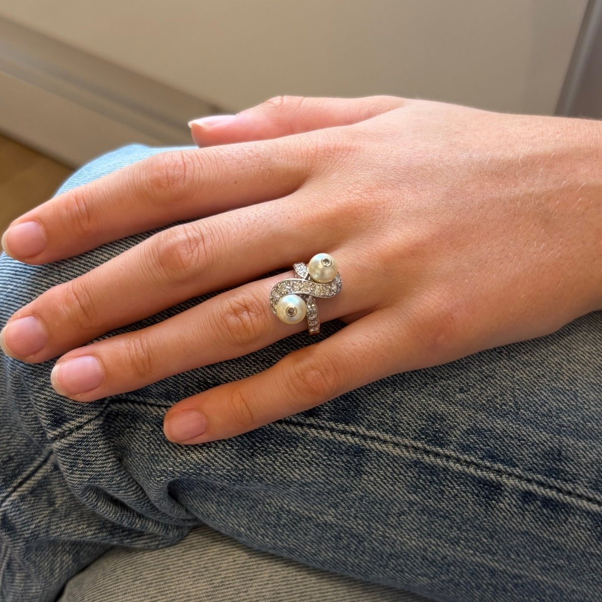 Bague Toi et Moi en or blanc, perles et diamants - Castafiore