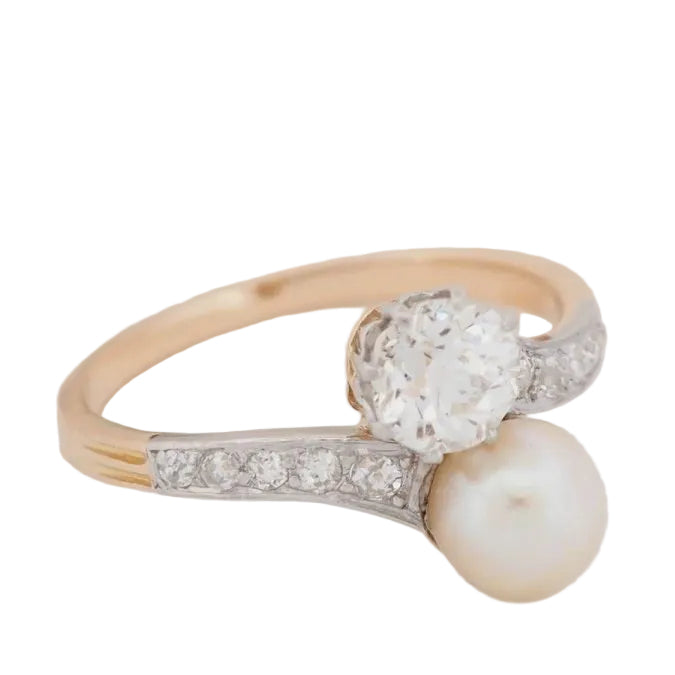 Bague Toi et Moi en or jaune, diamants et perle de culture - Castafiore