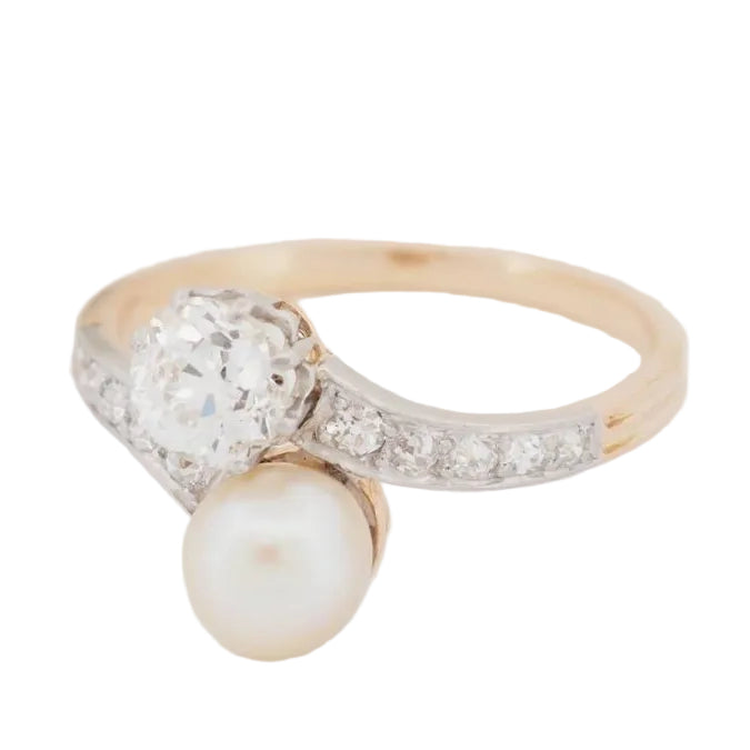 Bague Toi et Moi en or jaune, diamants et perle de culture - Castafiore