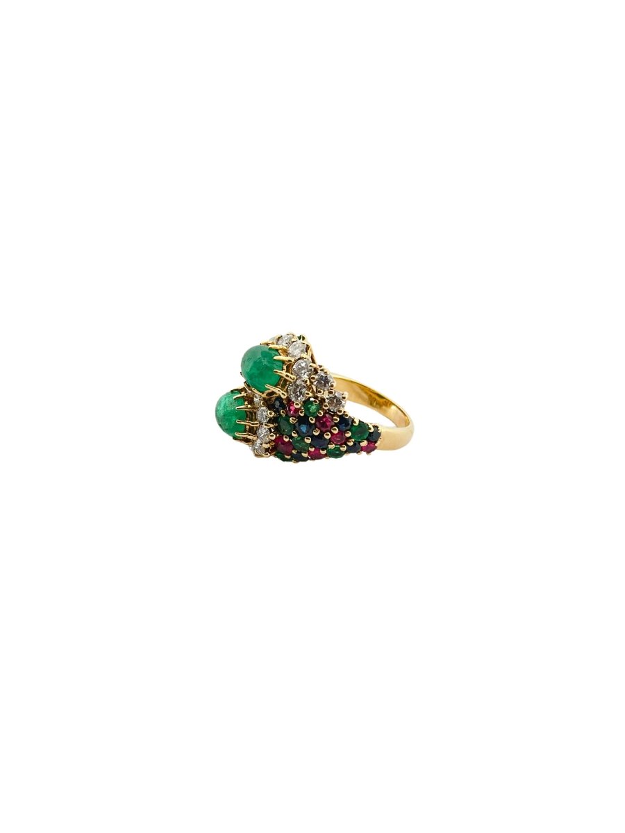 Bague Toi et moi en or jaune, émeraudes, rubis et diamants - Castafiore