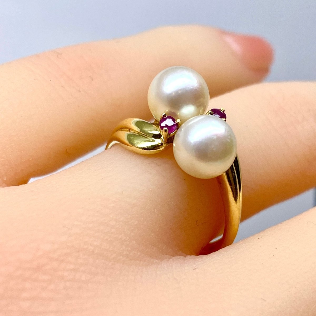 Bague toi et moi en or jaune perles et rubis - Castafiore