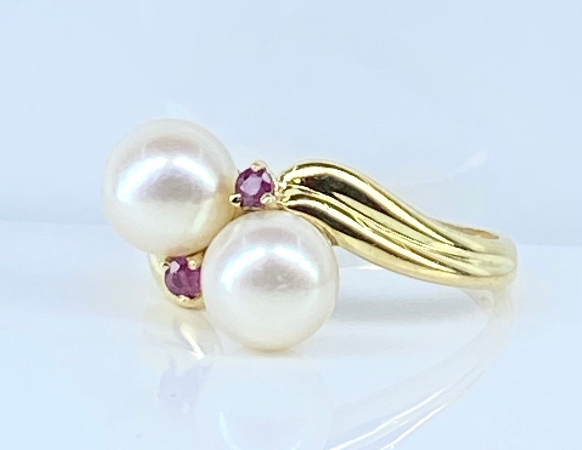 Bague toi et moi en or jaune perles et rubis - Castafiore
