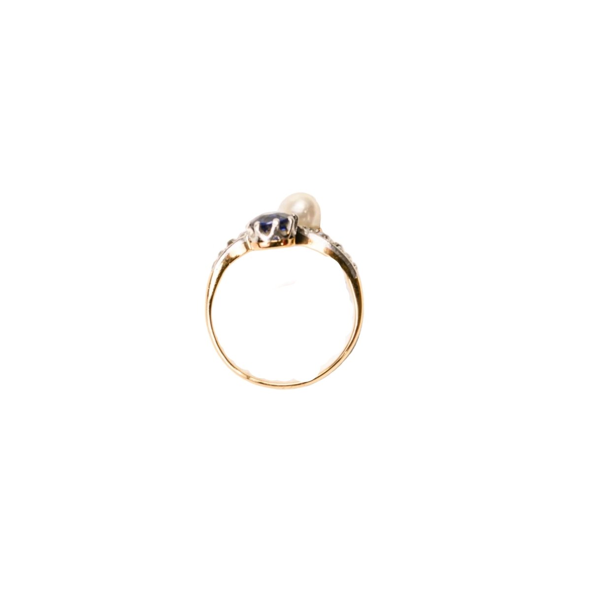 Bague Toi et Moi en or jaune, platine, saphir, perle de culture, et diamants - Castafiore
