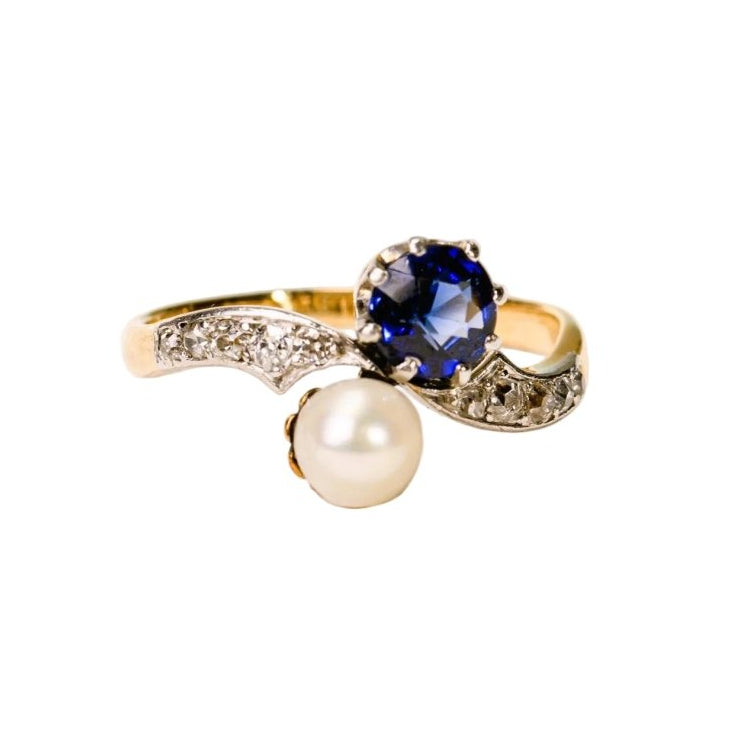 Bague Toi et Moi en or jaune, platine, saphir, perle de culture, et diamants - Castafiore
