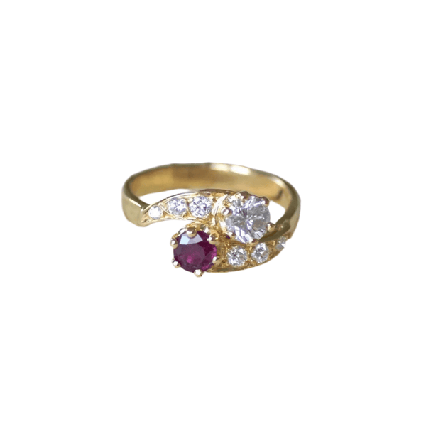 Bague Toi Et Moi En Or Jaune 18 Carats Avec Diamant Et Rubis - Taille 53 - Occasion Comme Neuve