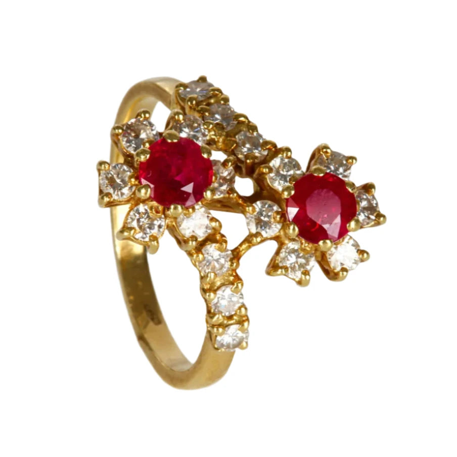 Bague toi et moi Fleurs or jaune, rubis et diamants - Castafiore