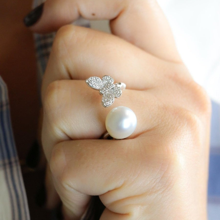 Bague toi et moi Perle & Papillon or blanc diamants - Castafiore