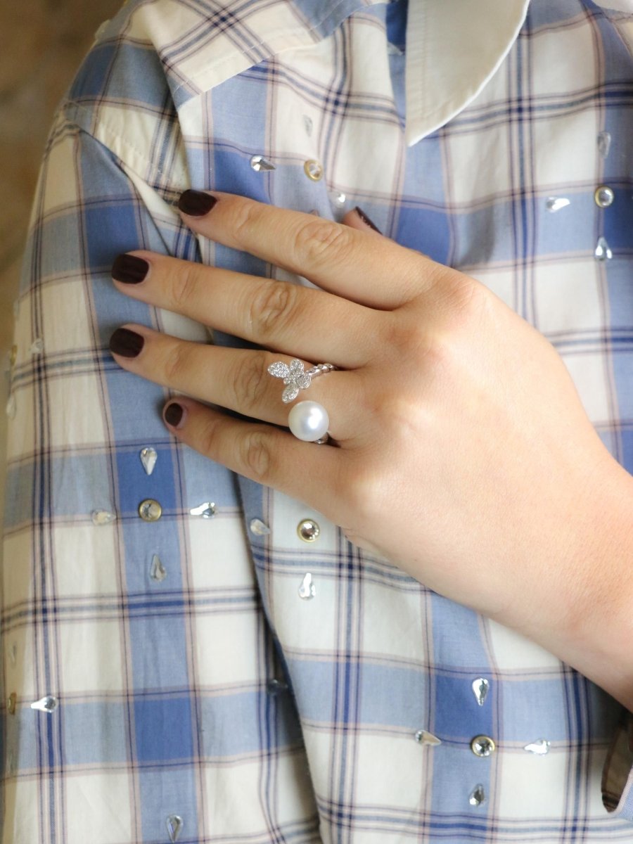 Bague toi et moi Perle & Papillon or blanc diamants - Castafiore