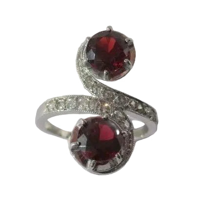 Bague Toi et Moi tourbillons XIXe Grenats Diamants Platine - Castafiore