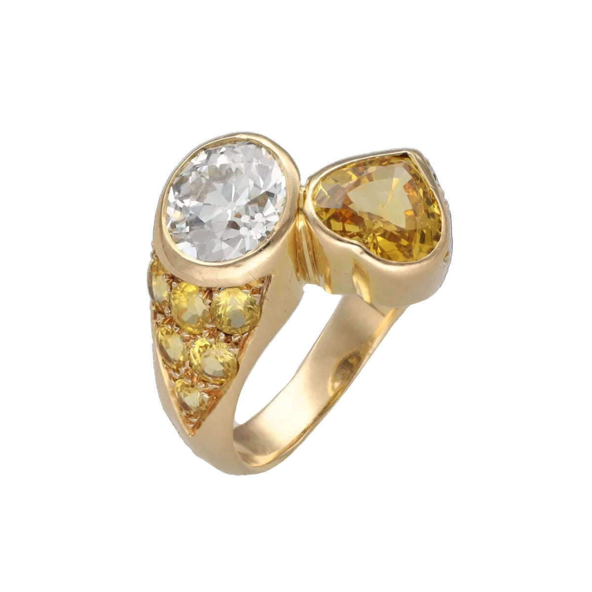 Bague Toi & Moi – Diamant 1,80 ct & Saphir Jaune Cœur 2,00 ct – Or Jaune 18k – Entourage Diamants & Saphirs – Taille 52–53