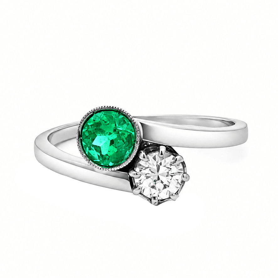 Bague Toi & Moi en or blanc, émeraude et diamant - Castafiore