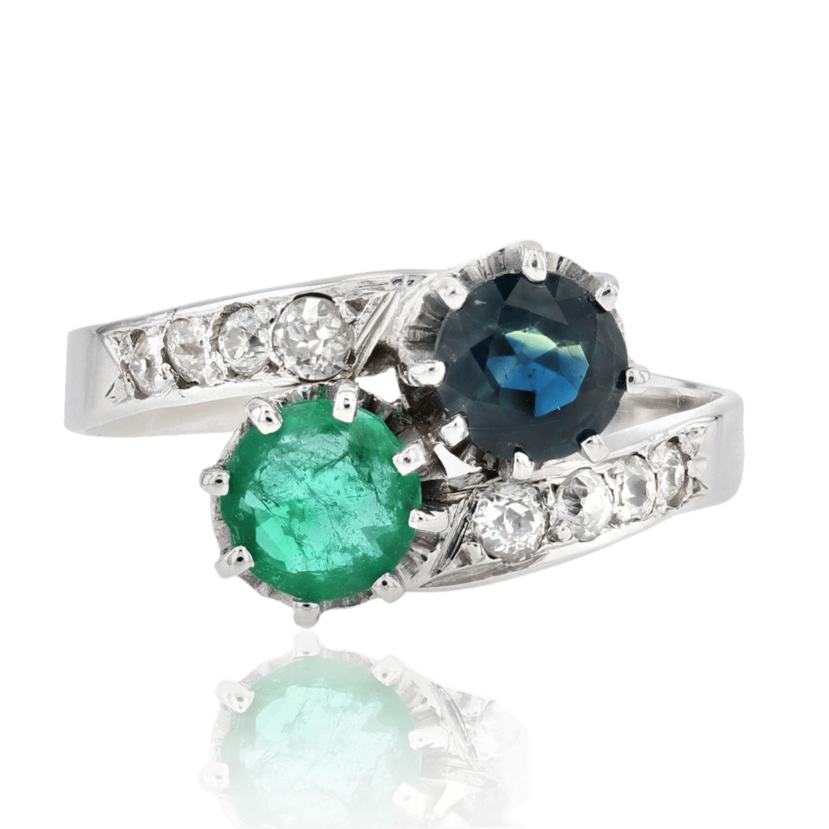 Bague Toi & Moi en or blanc, émeraude, saphir et diamants - Castafiore