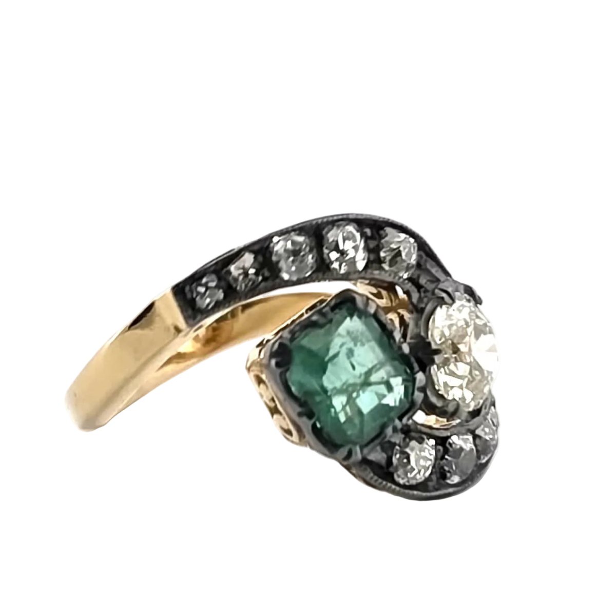 Bague Toi & Moi en or jaune, argent, émeraude et diamants - Castafiore
