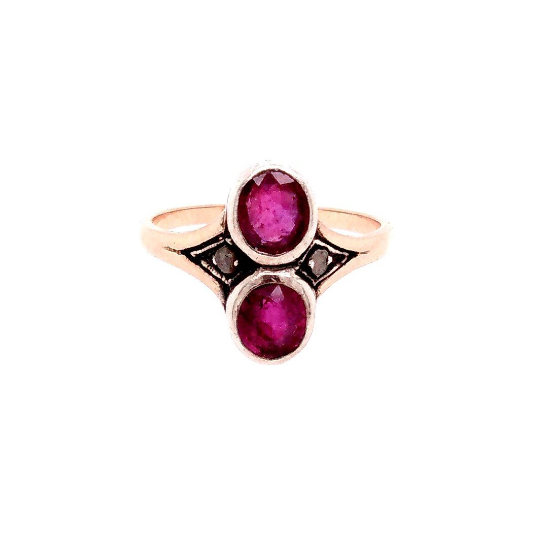 Bague Toi & Moi en or jaune, argent, grenats et diamants - Castafiore