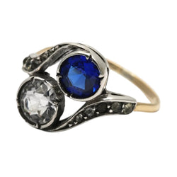 Bague Toi & Moi en or jaune, argent, saphir et strass - Castafiore