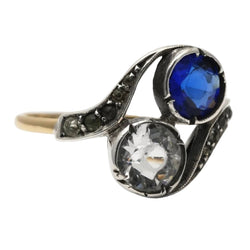 Bague Toi & Moi en or jaune, argent, saphir et strass - Castafiore