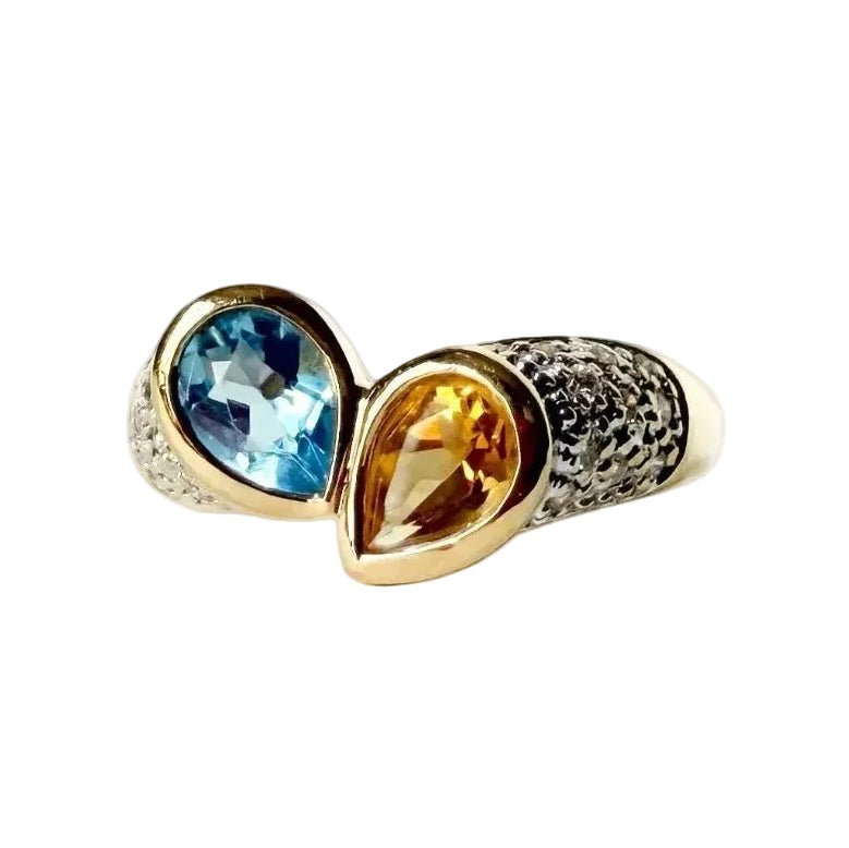 Bague Toi & Moi en or jaune, citrine, aigue-marine et diamants - Castafiore