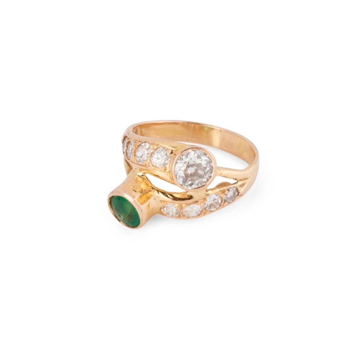 Bague Toi & Moi en or jaune, émeraude et diamants - Castafiore