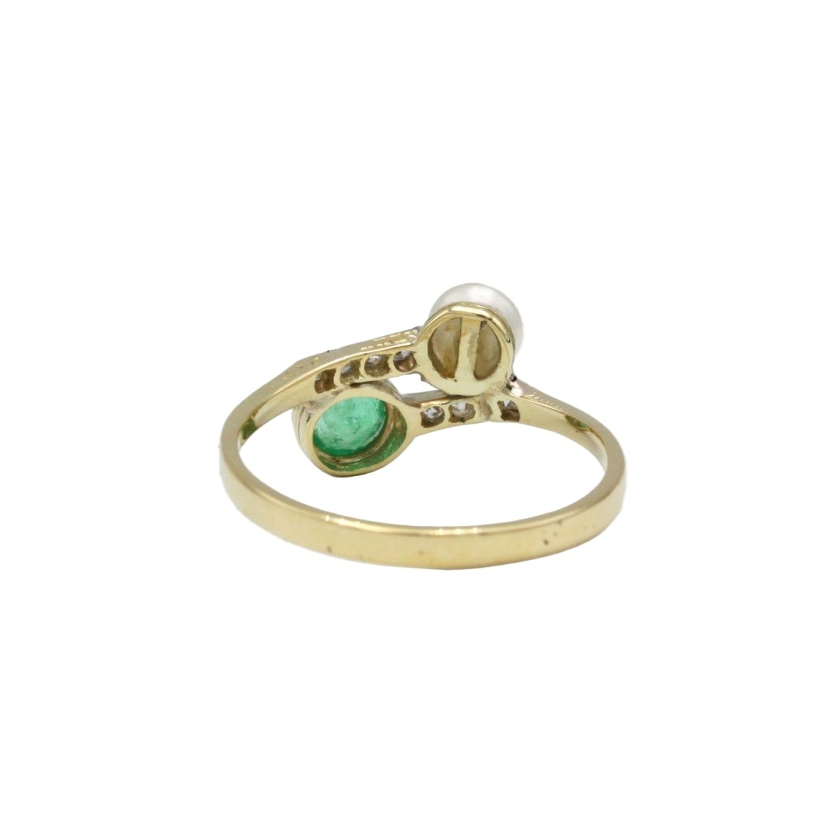 Bague Toi & Moi en or jaune, émeraude, perle et diamants - Castafiore
