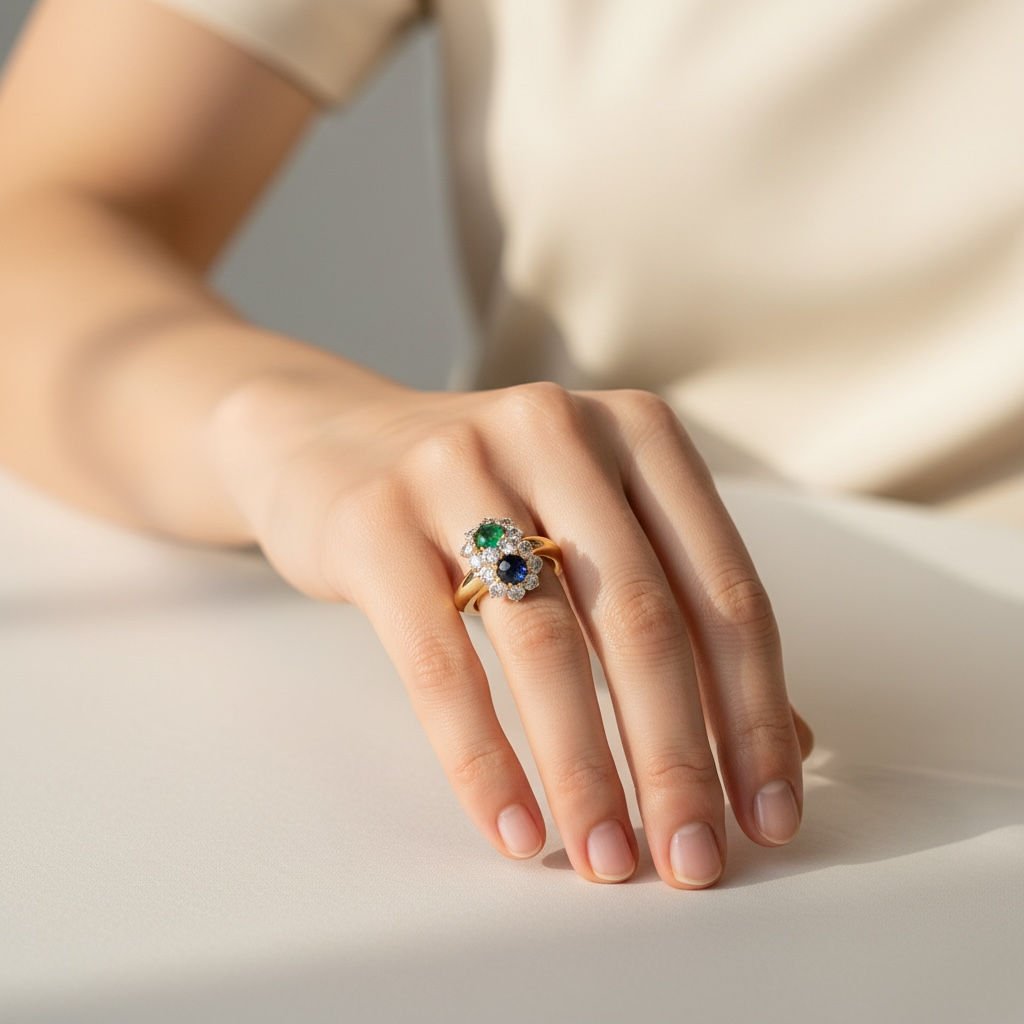 Bague Toi & Moi en or jaune, émeraude, saphir et diamants - Castafiore