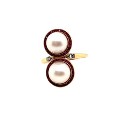 Bague Toi & Moi en or jaune, or blanc, perles, rubis et diamants - Castafiore