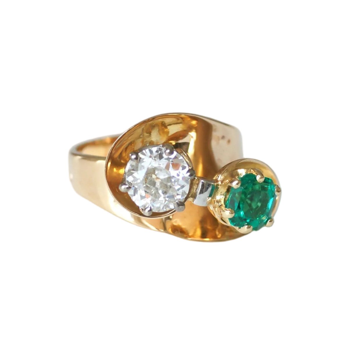 Bague Toi & Moi en or jaune, platine, émeraude et diamants - Castafiore