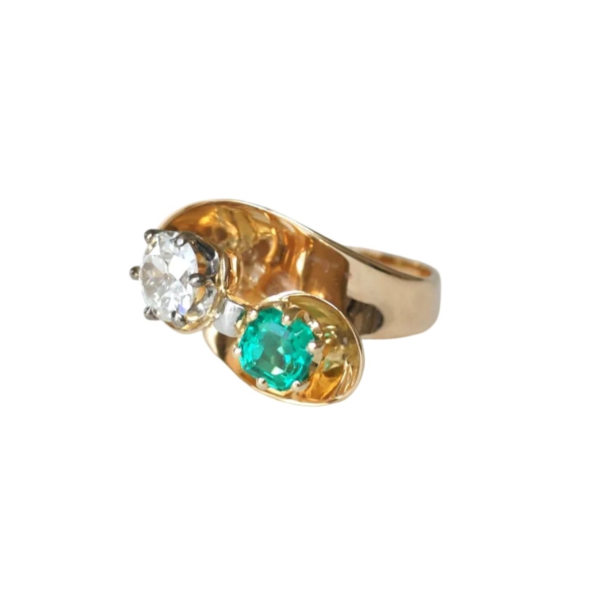 Bague Toi & Moi en or jaune, platine, émeraude et diamants - Castafiore