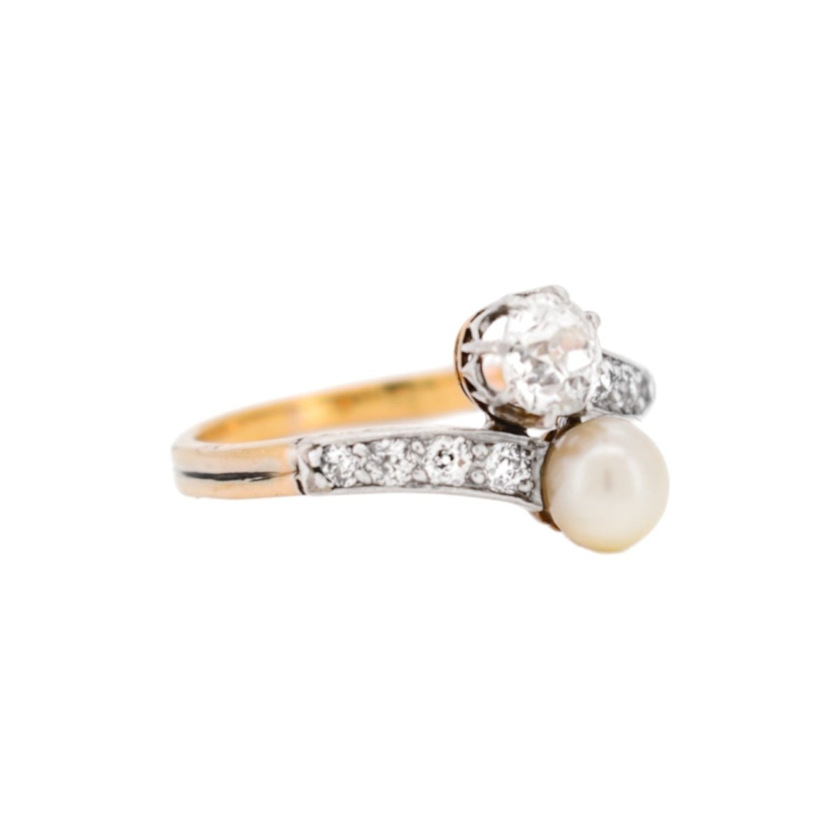 Bague Toi & Moi en or jaune, platine, perle et diamants - Castafiore