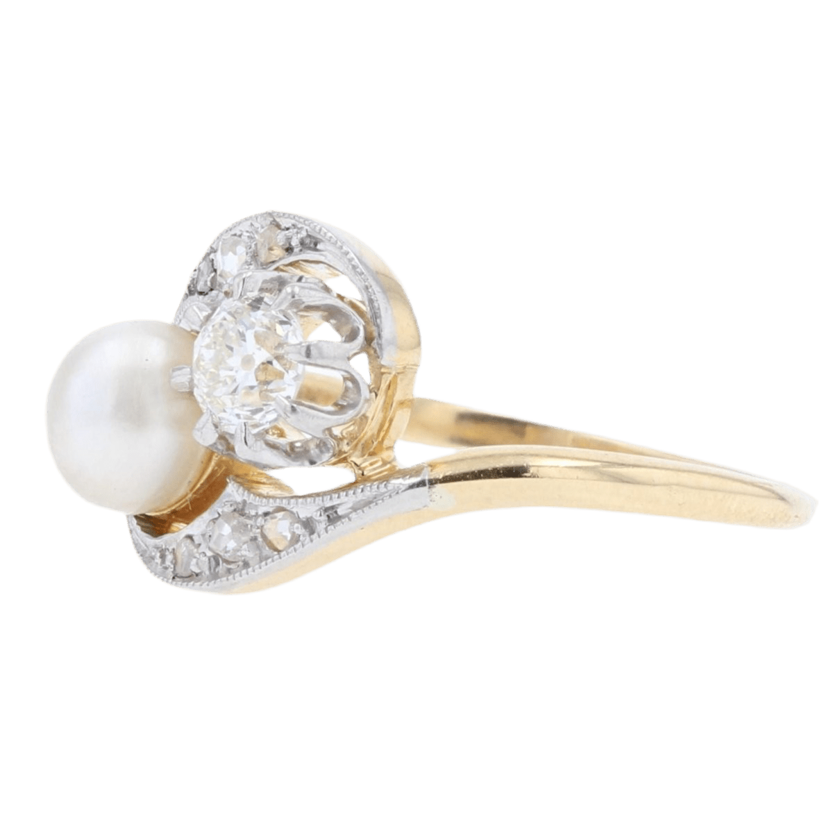 Bague Toi & Moi en or jaune, platine, perle et diamants - Castafiore