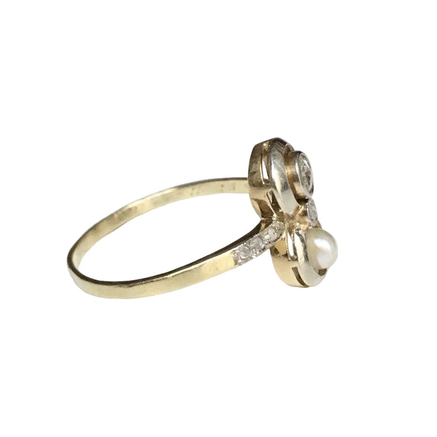Bague Toi & Moi en or jaune, platine, perle et diamants - Castafiore